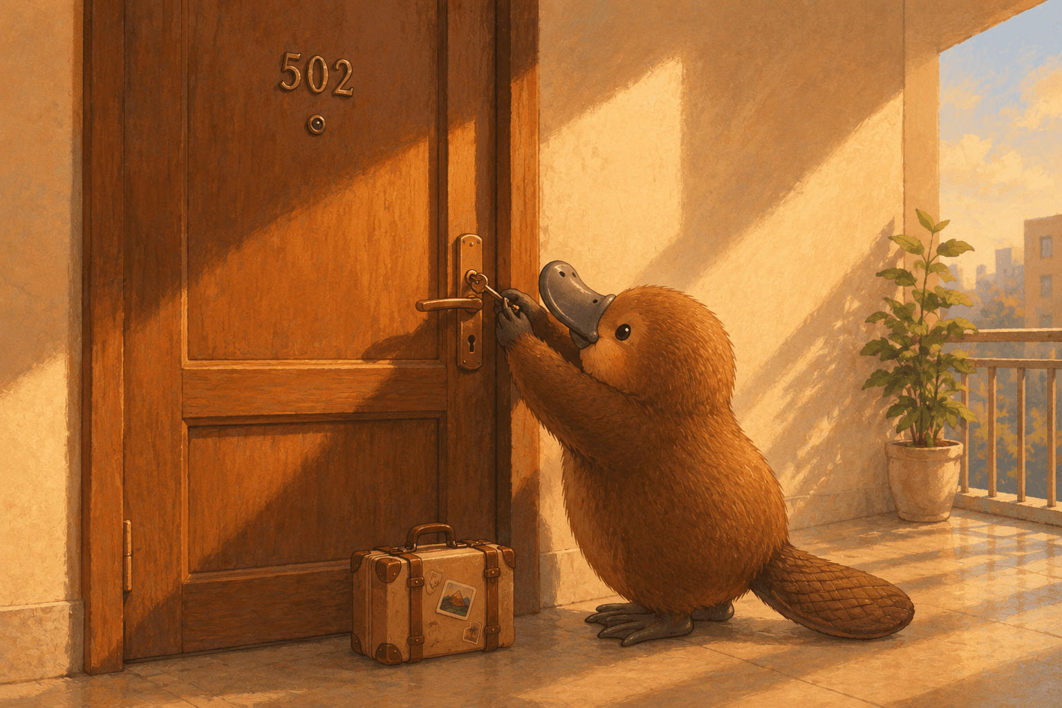 The platypus opens the lockbox at door 502, a small suitcase at its feet