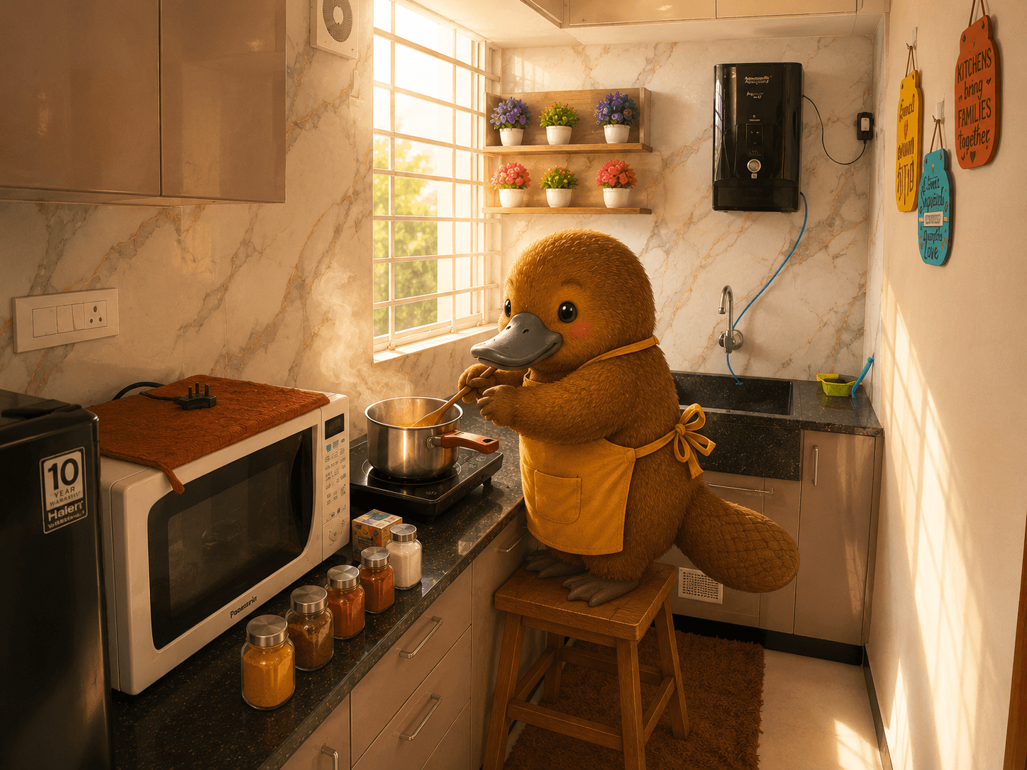 The platypus in a yellow apron stirs a pot in the kitchen, spice jars on the counter