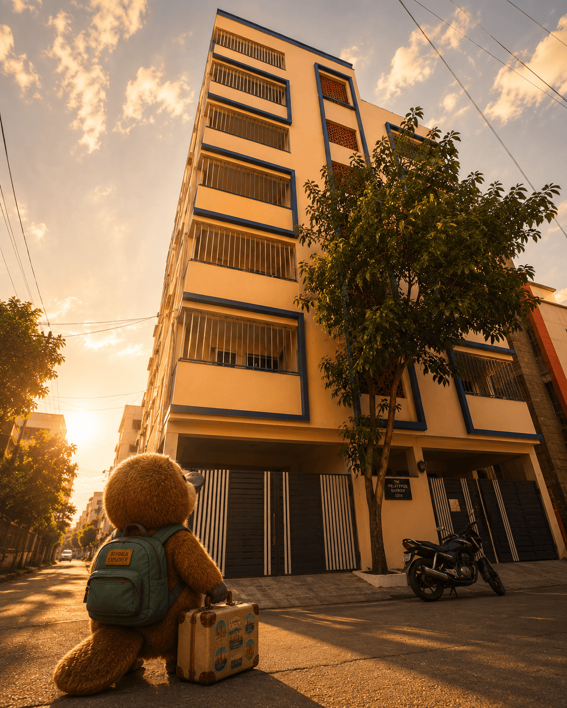 The platypus arrives at the building with a backpack and suitcase in the golden evening light