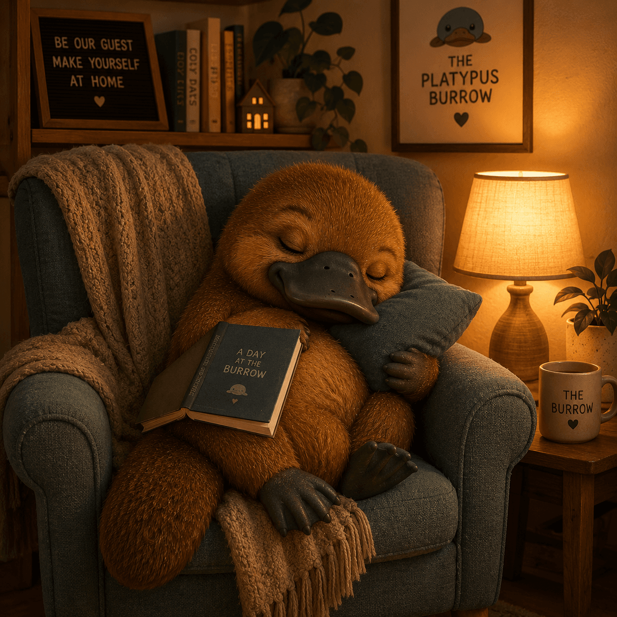 The platypus asleep in an armchair, an A Day at the Burrow book on its belly