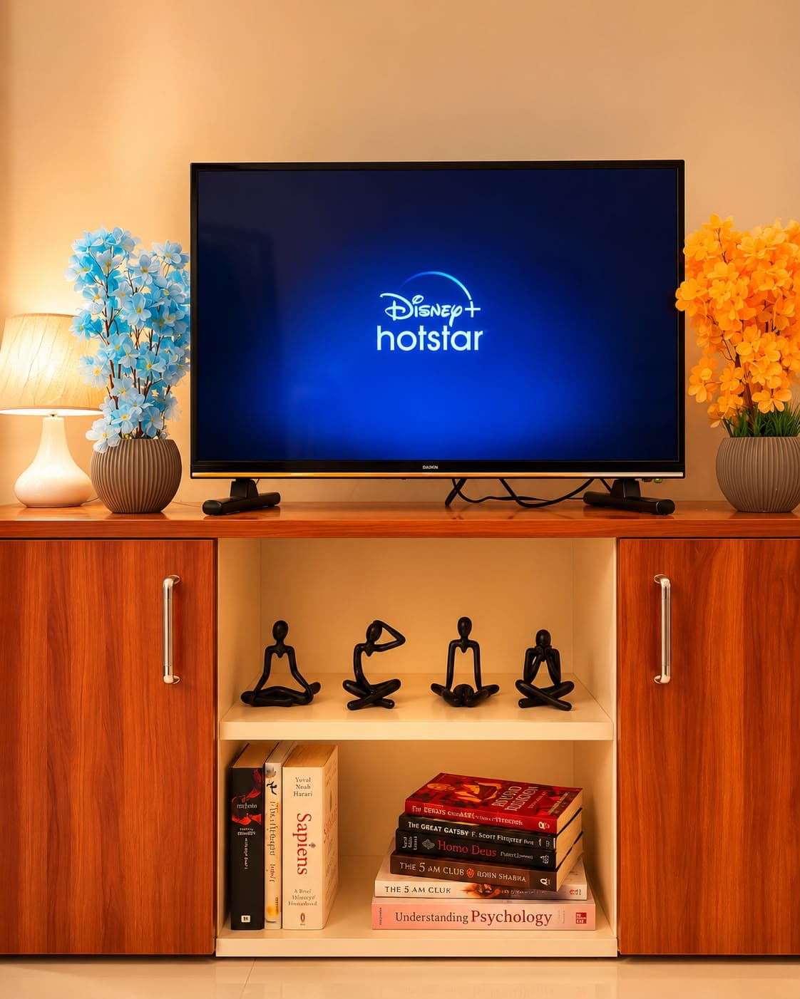 Television with Disney+ Hotstar, books on the shelf below