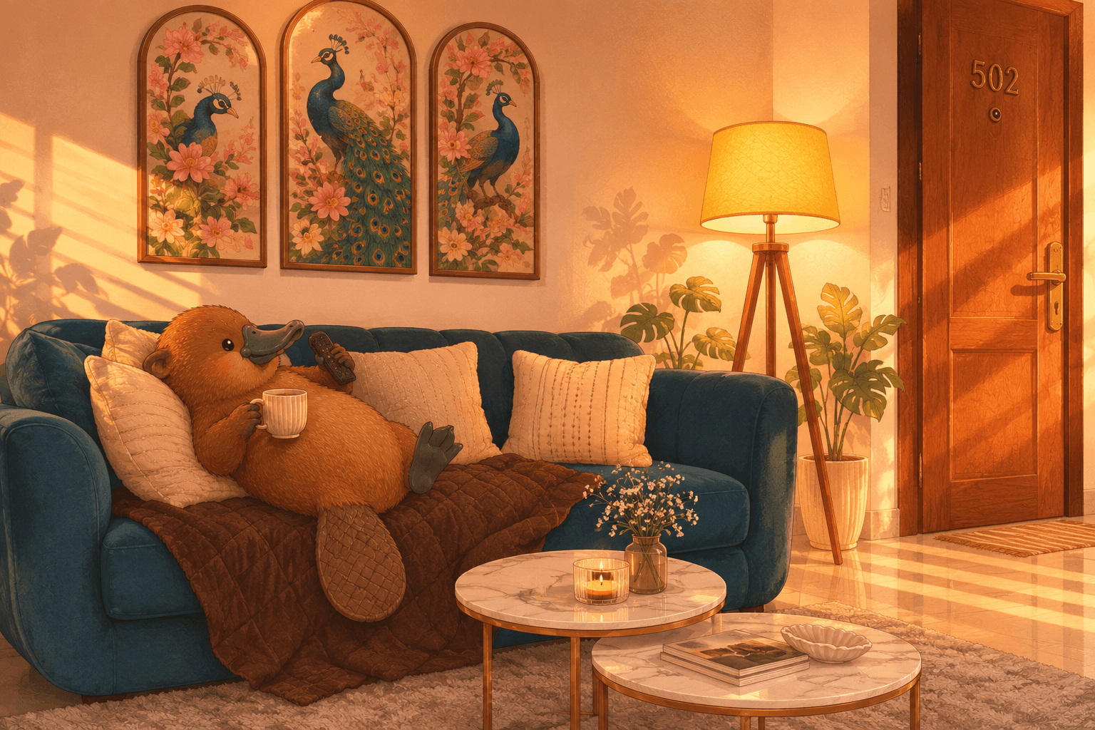 The platypus at home on the blue sofa, under the peacock triptych, at golden hour