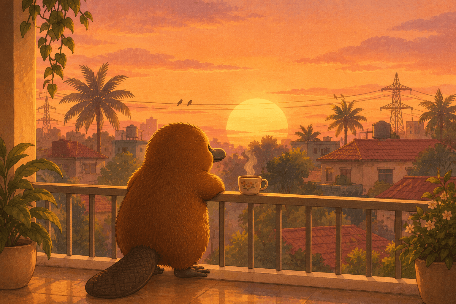 The platypus watches the sunset from the balcony with a cup of chai