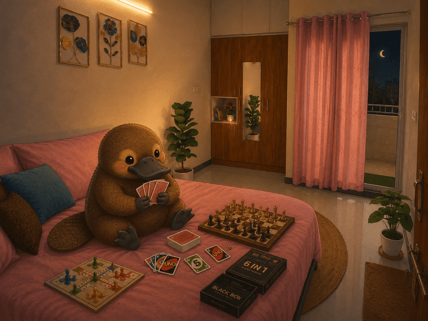 The platypus plays cards and board games on the pink room bed at night